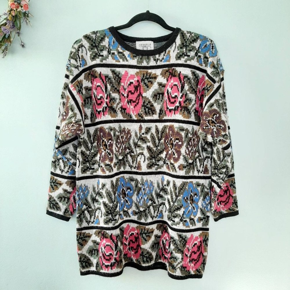 Vintage Cervelle Wool Blend 80s Floral Stripe Knit Oversize Tunic Length Sweater